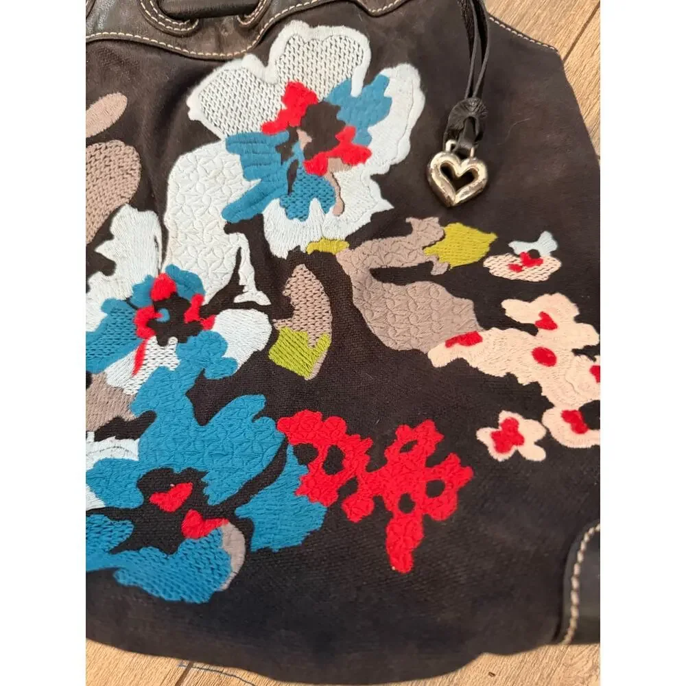 Brighton Handbag Black Canvas Floral Embroidered Leather Shoulder Strap boho